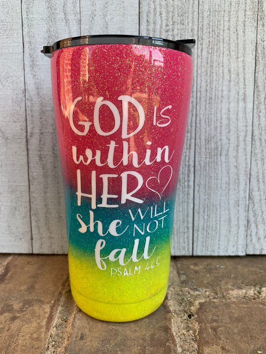 God is within her she will not fall PSALM 46:5 Personalized Glitter Cups, Christain Personalized Gifts