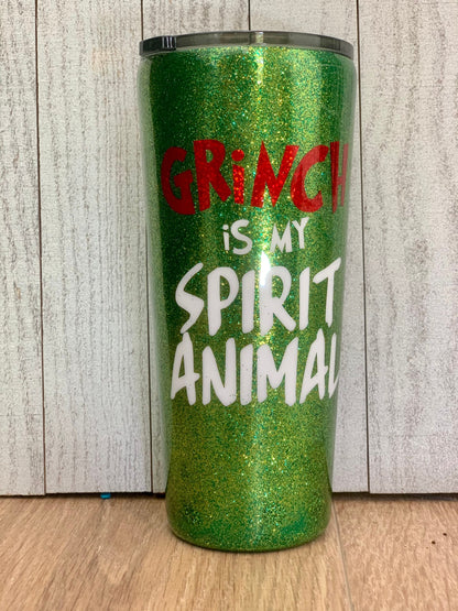 Grinch Christmas Glitter Tumbler, Christmas Personalized Glitter Tumbler,  Resting Grinch Face OR Grinch is My Spirit Animal