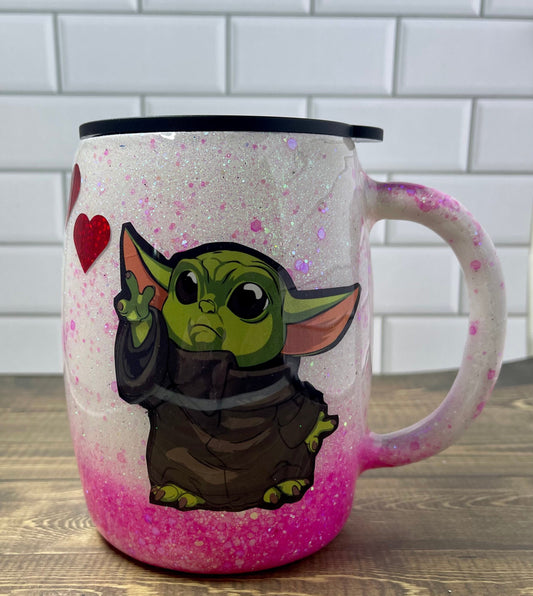 Baby Alien Yoda With Hearts Glitter Tumbler, Yoda Personalized Glitter Tumbler, Custom Glitter Cups,